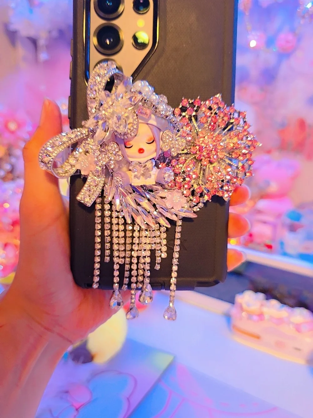 Rhinestone Floral Sp Phone Clip - Pink, Silver